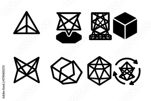 Tensegrity Geometry Icons. Solid style icons of spatial geometry in tensegrity: Tetrahedron Form, Hexagonal Base, Tension Grid