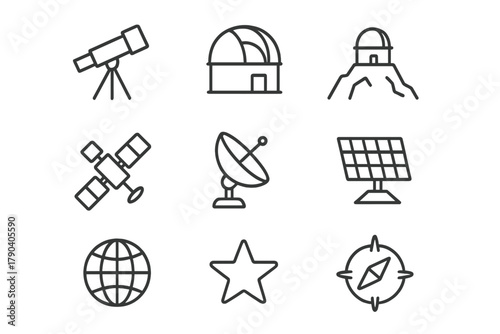 Space Observatories Icons. Line style icons of Space Observatories: Telescope, Dome, Observatory, Mount; Satellite, Antenna, Solar