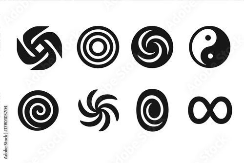 Abstract Vortex Icons. Solid style icons of abstract vortex symbols: Geometric Swirl, Concentric Rings, Black Hole Spiral,