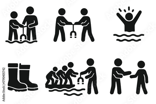 Family Magnet Fishing. Solid style icons of family magnet fishing: Parent and Child, Shared Rope, Excited Reaction, River Picnic,