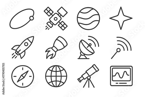 Orbital Mechanics Icons. Line style icons of Orbital Mechanics: Orbit Path, Satellite, Planet, Star; Rocket, Thruster, Antenna,