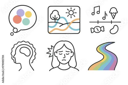 Rainbow Memory Icons. Line style icons of Synesthetic Memory Recall: event bubble with colors, past scene with sensory overlay,