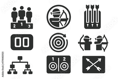 Blindfold Archery Icons. Solid style icons of competitive blindfold archery: tournament podium icon, blindfold match badge, arrow