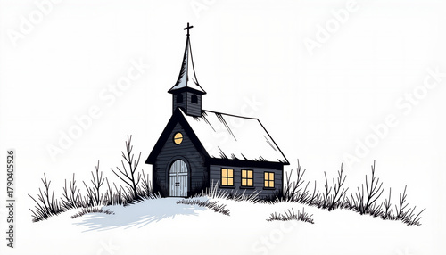 Gothic chapel ink drawing, monochrome with glowing windows, winter solitude and faith with copy space