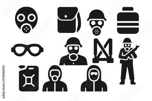 Military Gas Defense Icons. Solid style icons of Military Gas Defense: Gasmask, Bag, Filter, Eye Pieces, WWI, Straps, Canister,