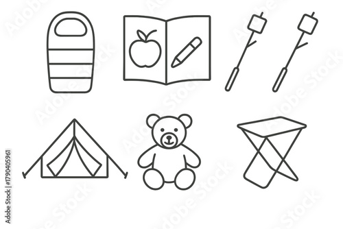 Family Glamping Essentials Icons. Line style icons of Family Glamping Essentials: kid’s sleeping bag, coloring book, marshmallow