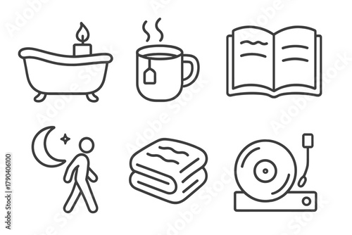 Screen-Free Evening Relaxation. Line style icons of Evening Wind Down Without Screens: candlelight bath, herbal tea mug, cozy book