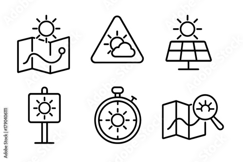 Solar Navigation Icons. Line style icons of solar vehicle navigation aids: sun route map, shaded zone alert, solar charge hotspot,