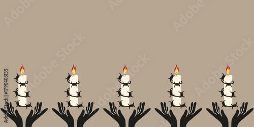 Vector empty Frame from black hands with burning candle in barbed wire. Vector illustration Holocaust Day banner with candle in hands and empty space for text. ePS 10