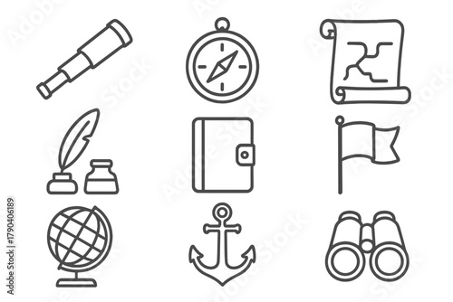 Exploration Tools Icons. Line style icons of Exploration Tools: Telescope, Compass, Map, Scroll; Quill, Inkpot, Notebook, Flag;