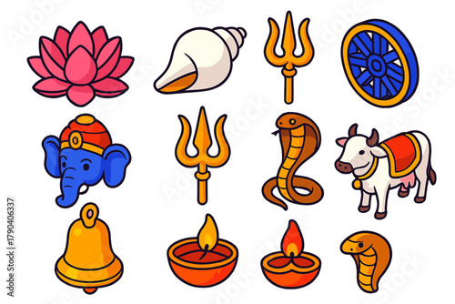 Mythology Icon Set. Isometric vector illustration set Mythology and folklore – lotus flower, conch shell, chakra wheel; elephant