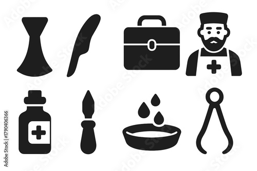 Retro Bloodletting Tools. Solid style icons of Retro Bloodletting Set: Fleam, Bloodletting Knife, Case, Barber Surgeon, Medicine,