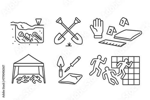 Mass Graves Excavation Icons. Line style icons of Mass Graves: excavation site, shovels, skeletal remains, survey markers;