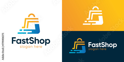 Creative modern fast shop logo template. Shopping bag with abstract letter F for Online shop logo design vector illustration.