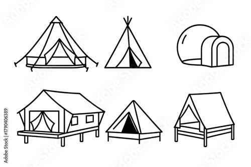 Line Style Tents Icons. Line style icons of Tent and Shelter Structures: canvas bell tent, teepee tent, safari tent, bubble tent,