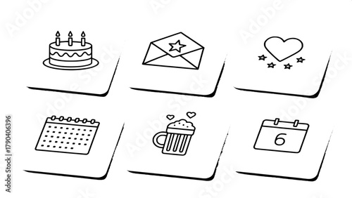 A modern minimalist icon set for a celebration theme, drawn in a uniform line art style: birthday cake, envelope with star, teacup with steam, beer mug, and calendar with heart symbol, arranged neatly