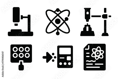 Quantum Research Icons. Solid style icons of quantum research environment: Lab Instrument, Entanglement Chamber, Cold Atom Trap,