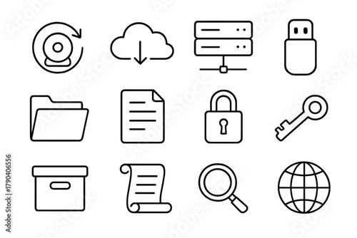 Digital Preservation Icons. Line style icons of Digital Preservation: Backup Disk, Cloud, Server, USB; Folder, Document, Lock, Key
