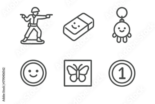 Line Style Icons. Line style icons of Cache Swag and Items: plastic toy soldier, mini eraser, keychain charm, button pin,
