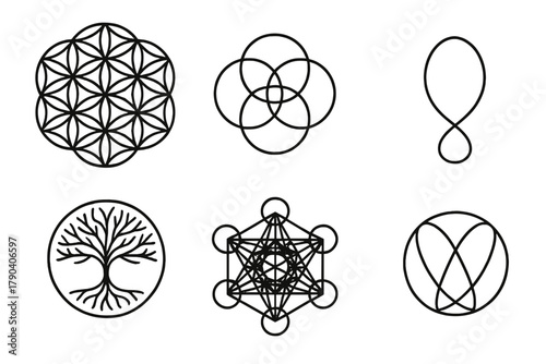 Sacred Geometry Icons. Line style icons of Sacred Geometry Basics: flower of life, seed of life, vesica piscis, tree of life,