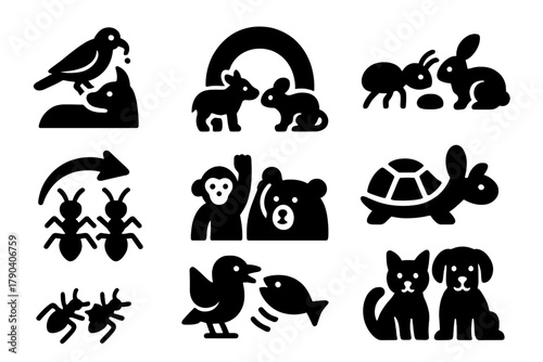 Mutual Benefit Icons. Solid style icons of mutual benefit behavior: Parasite Removal, Safe Zone, Shared Food Source, Shelter
