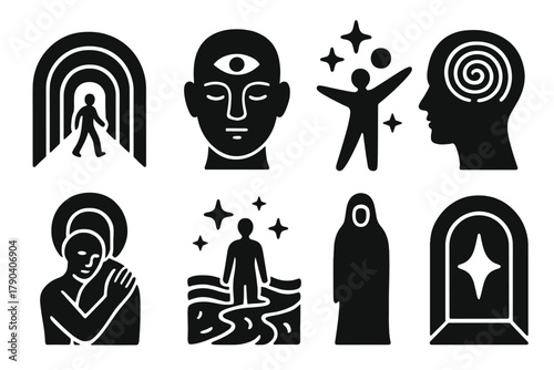 Spiritual Icon Set. Solid style icons of spiritual journey visuals: Tunnel of Light, Third Eye Glow, Soul Expansion, Inner
