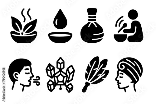 Traditional Cleansing Icons. Solid style icons of traditional cleansing practices: Herbal Steam, Natural Oil Drop, Clay Compress,