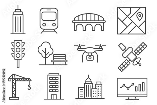Iconic City Elements. Line style icons of Global Cities: skyscraper, metro, bridge, city map; traffic lights, park, drone,