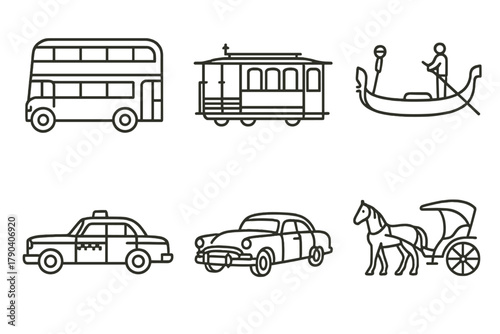 Iconic Vintage Transport. Line style icons of Iconic Global Vintage Transport: London double-decker, San Francisco cable car,