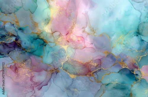 Colorful Abstract Painting With Swirls of Pastel Shades and Gold Accents on a...