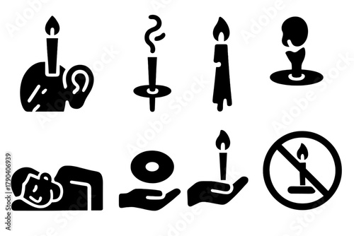 Ear Candling Icons. Solid style icons of ear candling procedure: Candle Insert, Smoke Trail, Melting Cone, Reclining Figure,