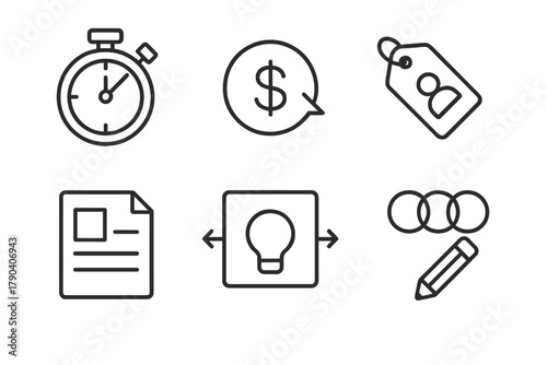 Design Challenge Icons. Line style icons of design challenges in courses: time-boxed timer icon, budget constraint symbol, user
