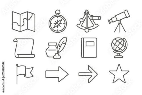 Cartography and Navigation Icons. Line style icons of Cartography & Navigation: Map, Compass, Sextant, Telescope; Scroll, Inkpot,