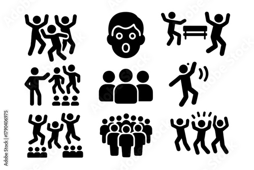 Flash Mob Excitement. Solid style icons of Spontaneous Dance Event: Flash Mob, Surprise, Dance, Public Place, Coordination, Group,