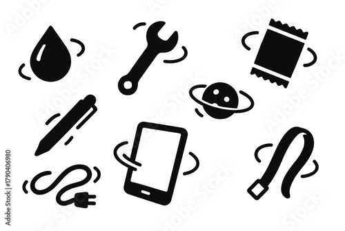 Weightless Objects in Motion. Solid style icons of weightless objects in motion: Floating Water Droplet, Spinning Wrench, Hovering