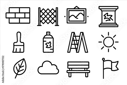 Urban Art Icons. Line style icons of Urban Art Spaces: Wall, Fence, Gallery, Pedestal; Brush, Spray Can, Ladder, Sun; Leaf, Cloud,
