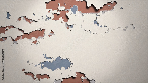 Weathered wall with peeling paint in beige, rust, and blue tones. Weathered brick wall background.