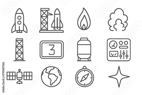 Rocket Launch Icons. Line style icons of Rocket Launches: Rocket, Launchpad, Flame, Smoke; Tower, Countdown, Fuel Tank, Control
