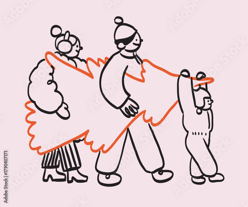 Vector illustration in trendy playful whimsical style. Christmas New Year prints, invitation card, winter market banner or poster with funny friendly mascot characters, family hold christmas tree.