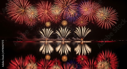 Spectacular Fireworks Display Over Calm Water Reflecting the Lights.
