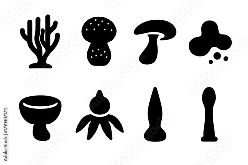 Fungal Diversity Icons. Solid style icons of fungal diversity: Coral Fungus, Puffball, Bracket Mushroom, Slime Mold Blob, Cup