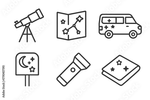 Dark Sky Icons. Line style icons of dark sky tourism essentials: telescope tripod, star map booklet, night sky tour van, dark sky
