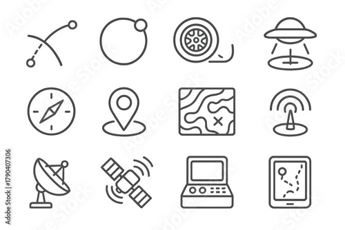 Extraterrestrial Navigation Icons. Line style icons of Extraterrestrial Navigation: trajectory chart, orbit path, rover wheel,