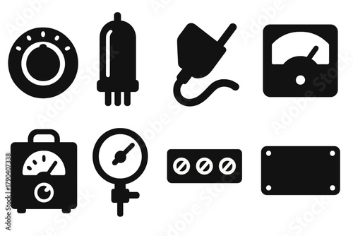 20th-Century Medical Icons. Solid style icons of 20th-century medical technology: Analog Knob, Vacuum Tube, Cable Plug, Signal