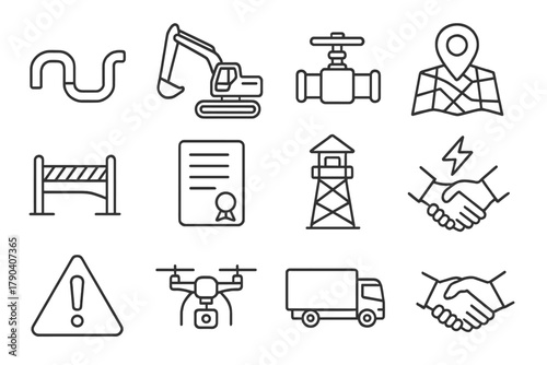 Pipeline Politics Icons. Line style icons of Pipeline Politics: pipeline route, construction machinery, valve control, map marker;