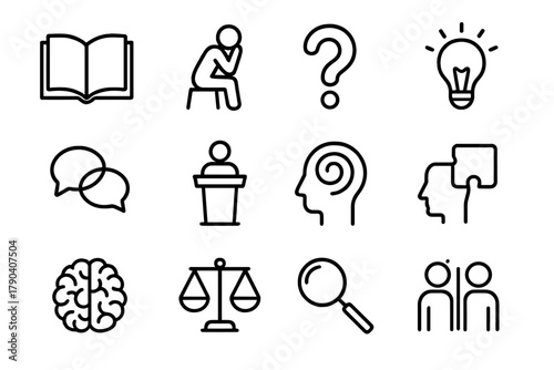 Philosophical Icons Collection. Line style icons of Philosophical Inquiry: open book, thinking figure, question mark, lightbulb;