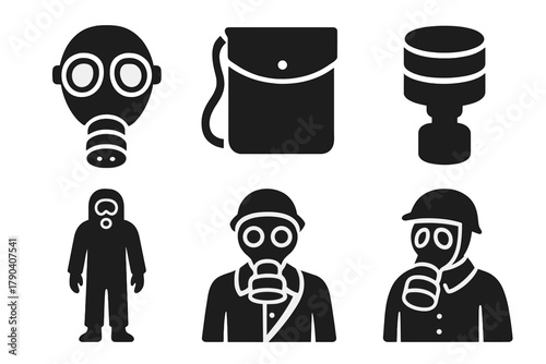 Vintage Gas Mask Icons. Solid style icons of Vintage WWI Mask: Vintage Gasmask, Bag, Filter, Eye Pieces, WWI, Straps, Canister,