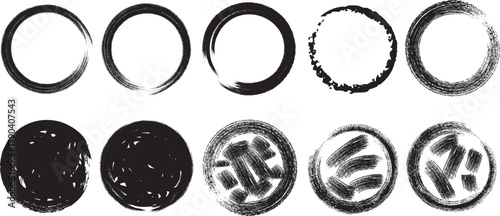 Round sun watercolor paint shape sets. Hand drawn rough yellow circle shape ink brush stroke grunge texture. Grunge circular rough brush badge background Japanese sun elements. Vector illustration