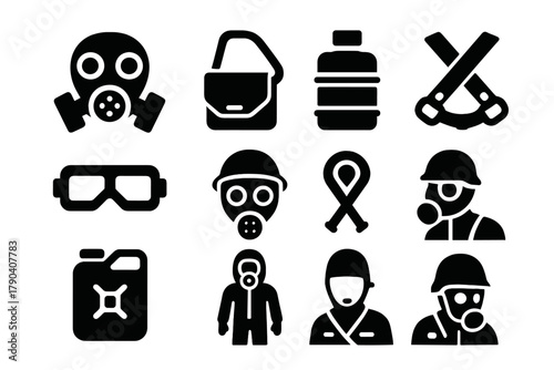 Military Gas Defense Icons. Solid style icons of Military Gas Defense: Gasmask, Bag, Filter, Eye Pieces, WWI, Straps, Canister,
