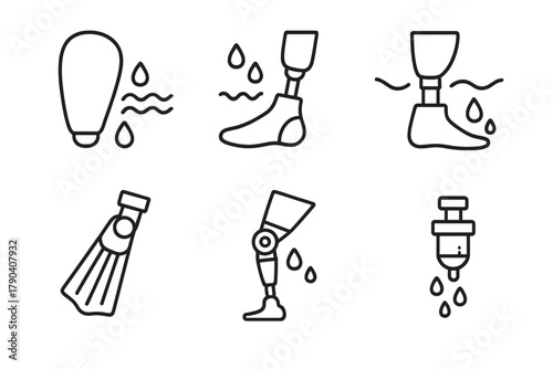 Waterproof Prosthetics Icons. Line style icons of waterproof prosthetics: sealed limb shell, waterproof foot, submersion-resistant